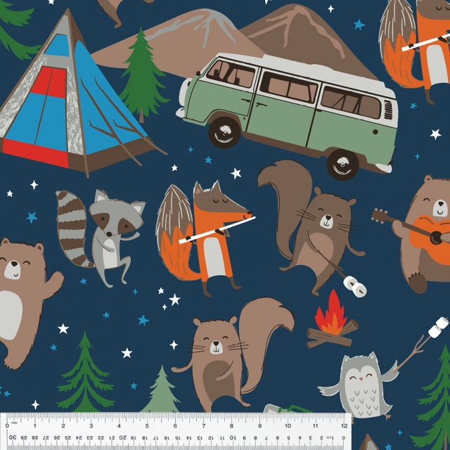 Camping Bears Blue Fleece Fabric