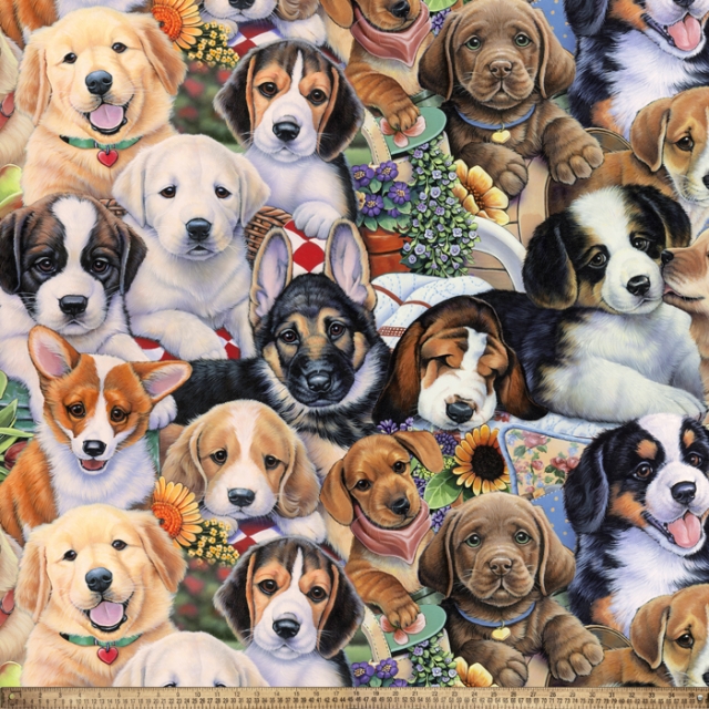 Garden Dog Puppies Fleece Fabric