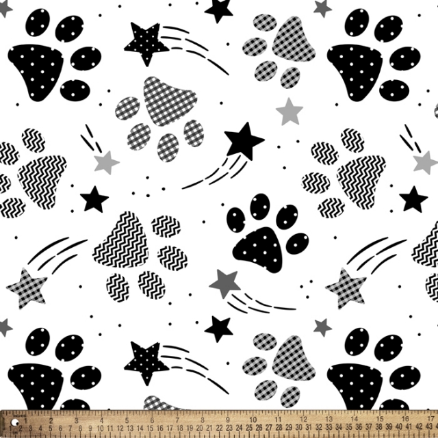 Paw Prints Black and White Fleece Fabric